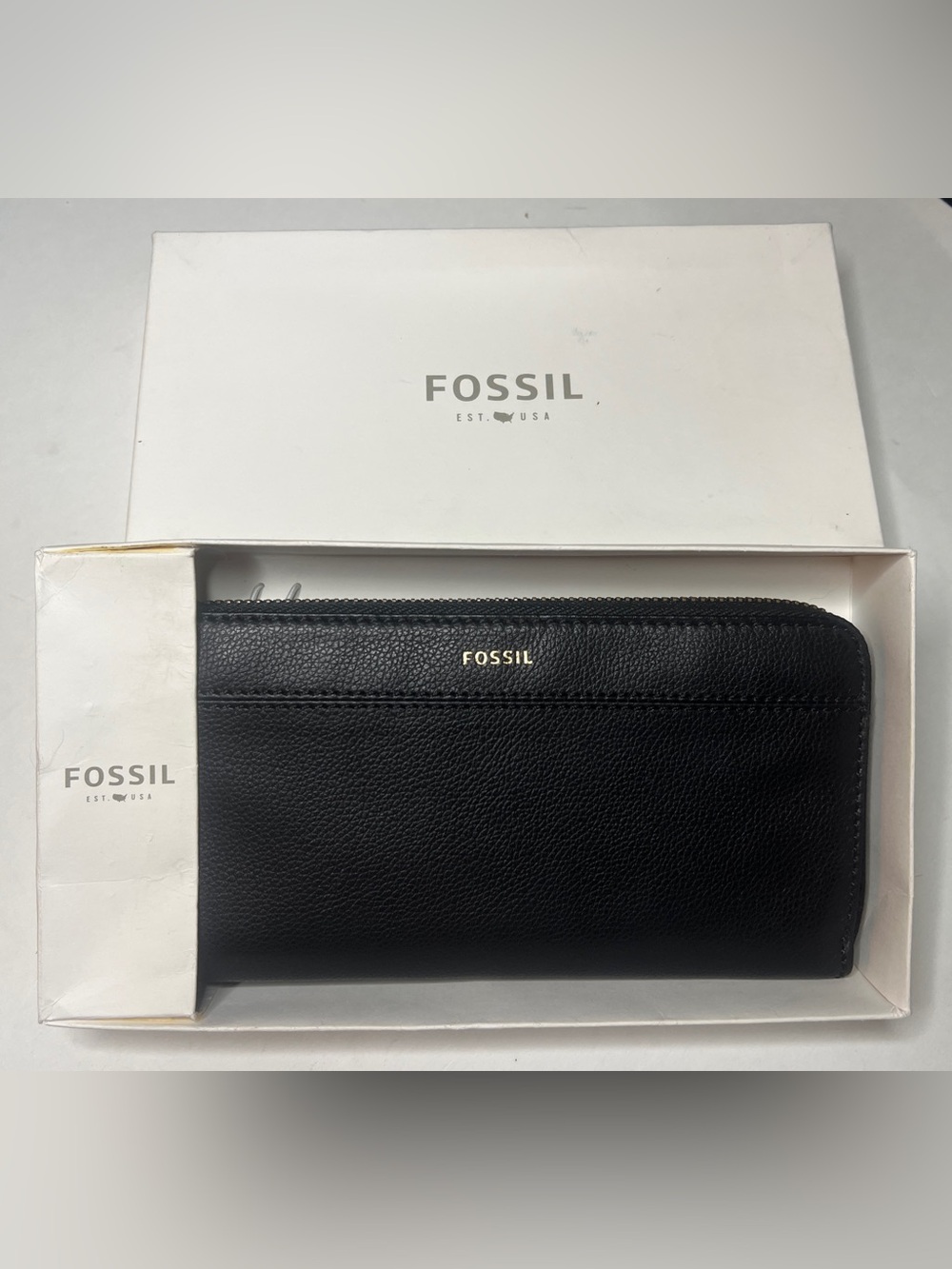NEW Fossil Teigan Black Leather Zipper Clutch Wallet